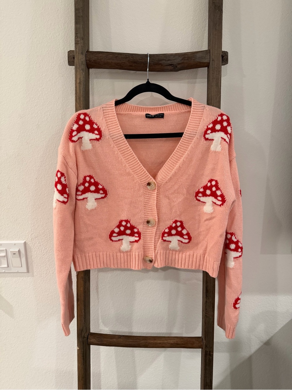 SHEIN Pink Peach Mushroom V-Neck Button Cardigan